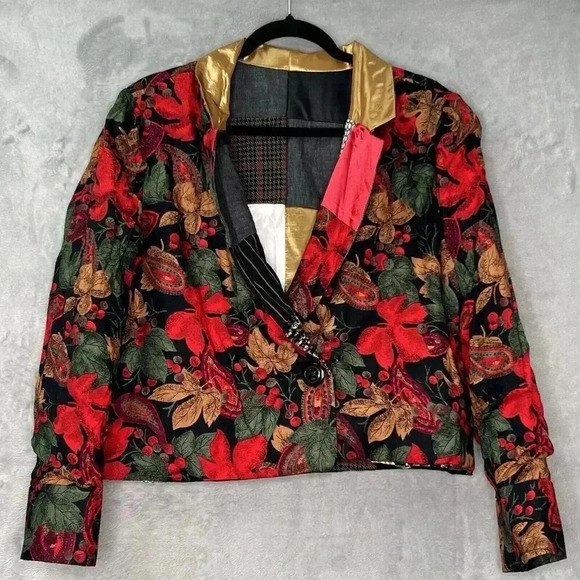 Vintage Patchwork Tapestry Reversible Artsy Boxy Cropped Blazer Jacket Sz L - Picture 2 of 16